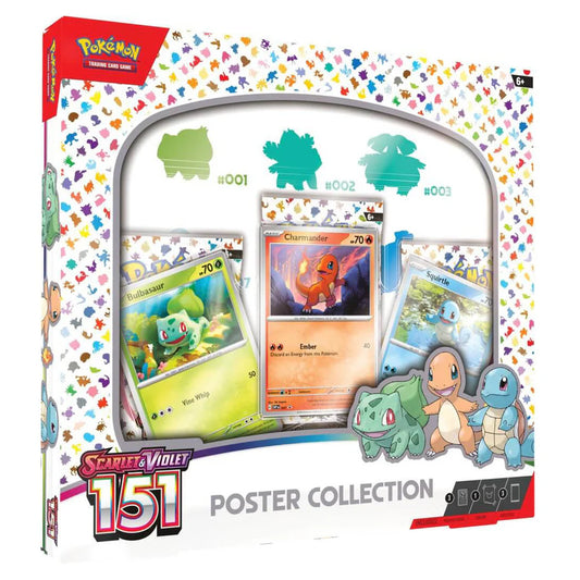 Pokémon trading card game poster collection packaging 'Scarlet & Violet 151' with cards and characters.