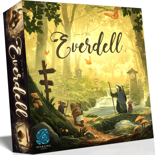 Board game box for 'Everdell' with a fantasy forest scene and characters. Front view