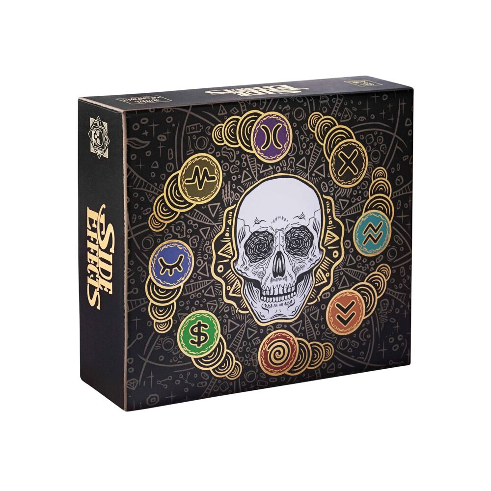 Side Effects board game box with skull design and colorful symbols on a black background