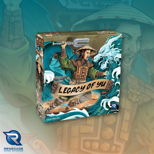 Board game box titled 'Legacy of Yu' with a character holding a banner and a dragon in the background.