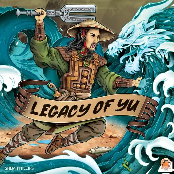 Cover of 'Legacy of Yu' with a character holding a sword and a banner, surrounded by waves.