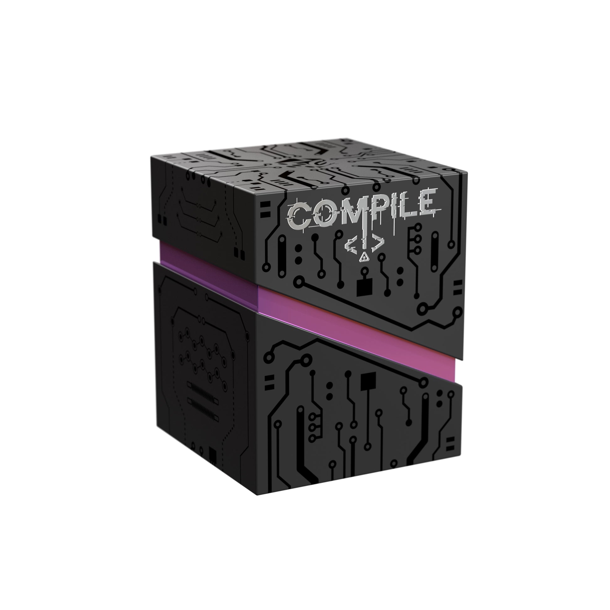 Black cube with 'COMPILE' text and circuit board design on a white background