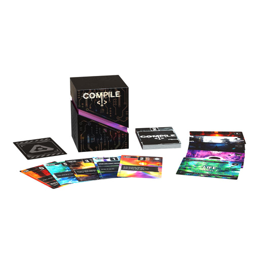 Collection of Compile brand products including boxes and cards on a white background