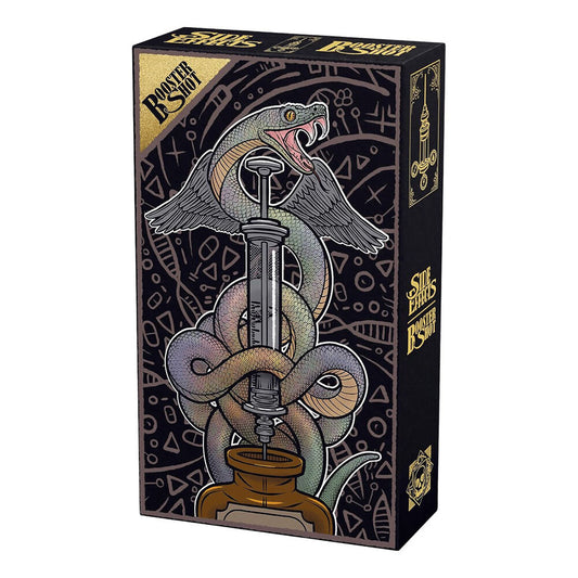 Box for the Side Effects board game expansion Booster Shot with snake and syringe design on a black background