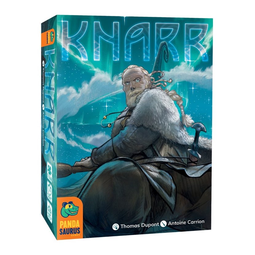 Board game box titled 'Knarr' with a character on a horse against a blue sky.