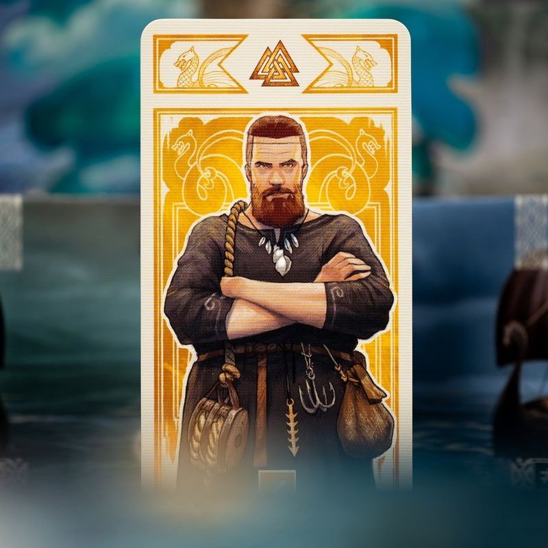 Card with a character in Viking attire on a blurred background