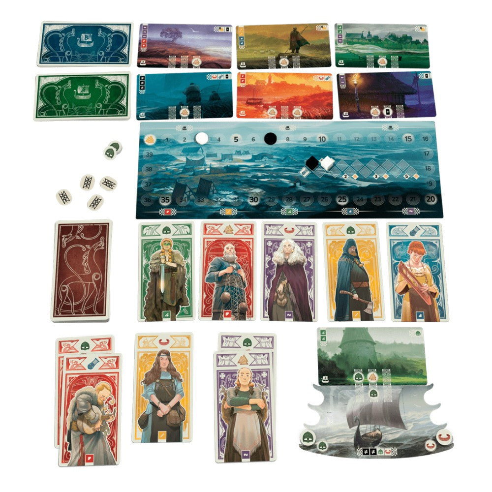 Collection of fantasy-themed cards from the Knarr board game and dice on a white background