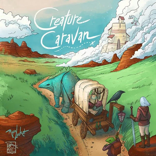 Board game box for 'Creature Caravan' with illustration of a creature and caravan in a desert landscape with 'Creature Caravan' texttext.