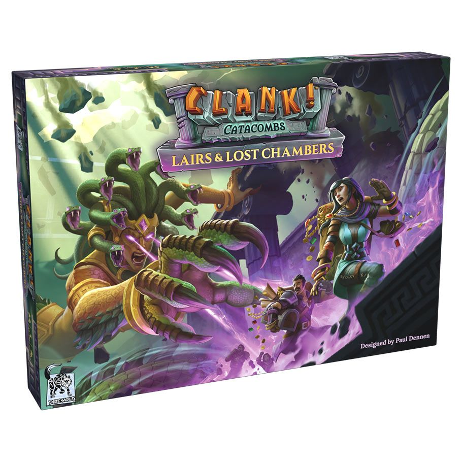 Board game box for 'Clank! Catacombs: Lairs & Lost Chambers' with fantasy-themed artwork.