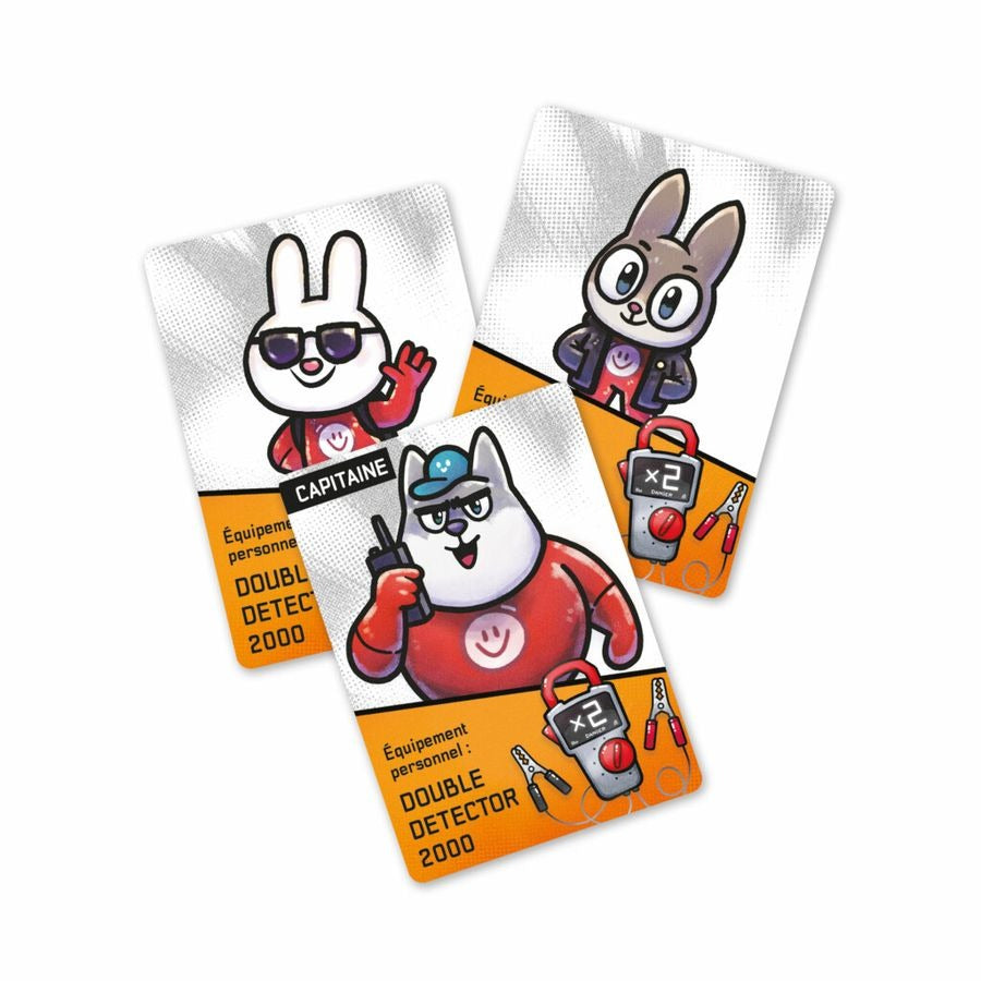 Three cards from the Bomb Busters board game featuring cartoon characters with gadgets on a white background