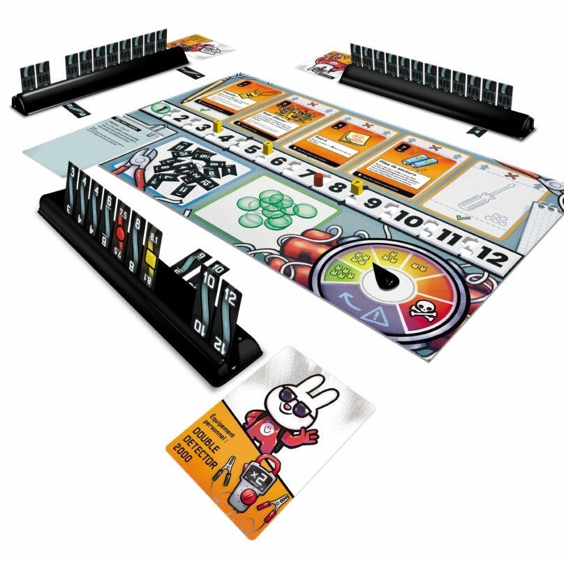 Bomb Busters board game with cards and dice on a white background 