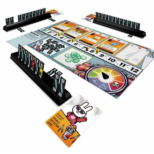 Bomb Busters board game with cards and dice on a white background 