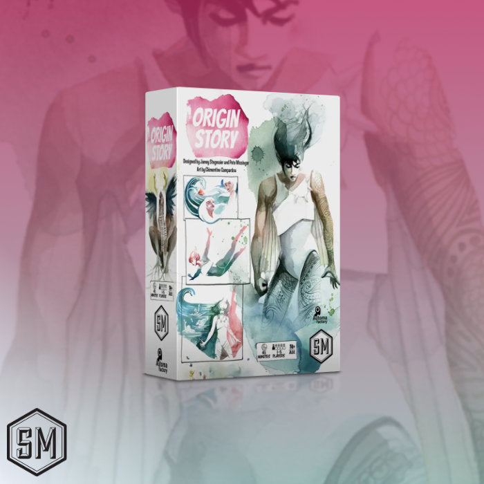 Product packaging with 'Origin Story' branding on a pink and gray gradient background