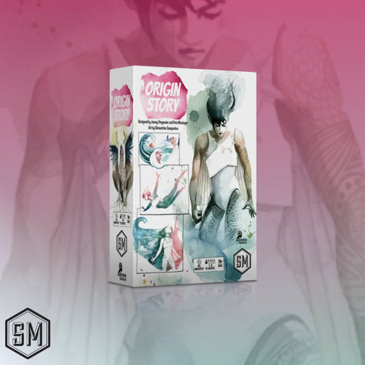 Product packaging with 'Origin Story' branding on a pink and gray gradient background