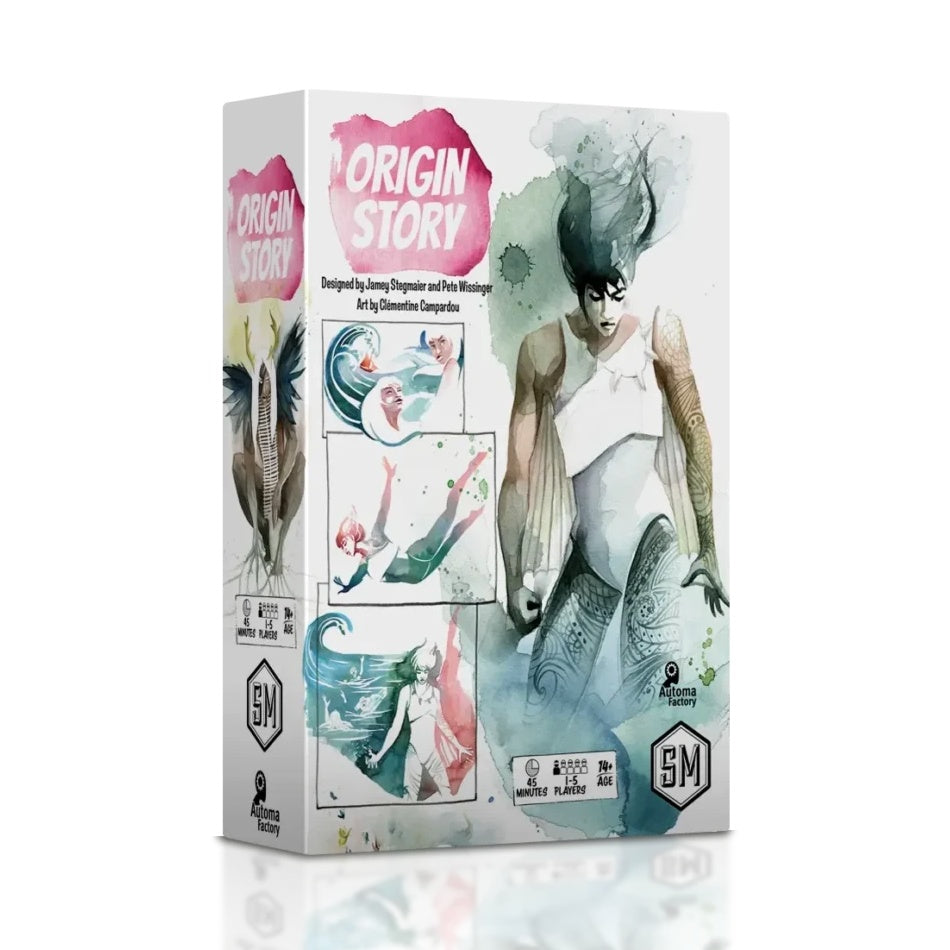 Product packaging for 'Origin Story' with artistic illustrations on a white background