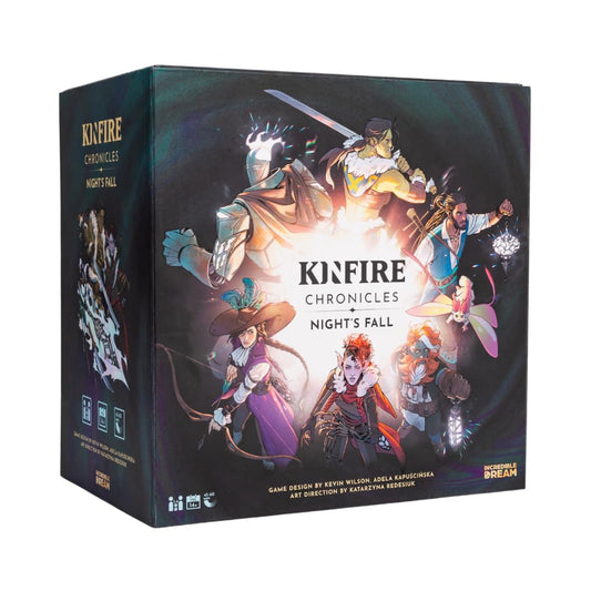 Board game box titled 'Kinfire Chronicles: Night's Fall' with character illustrations on a dark background.