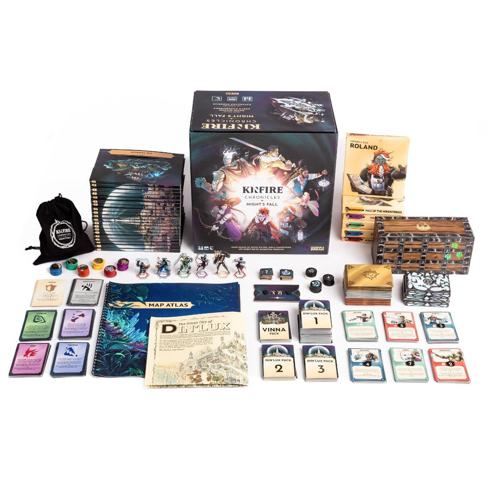 Board game components for Kinfire Chronicles Night's Fall  including cards, miniatures, and a box on a white background