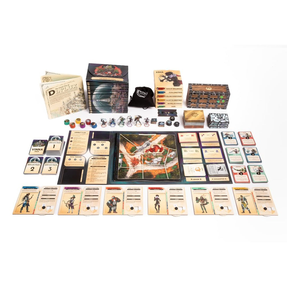 Board game components for Kinfire Chronicls Night's Fall including cards, dice, and board on a white background