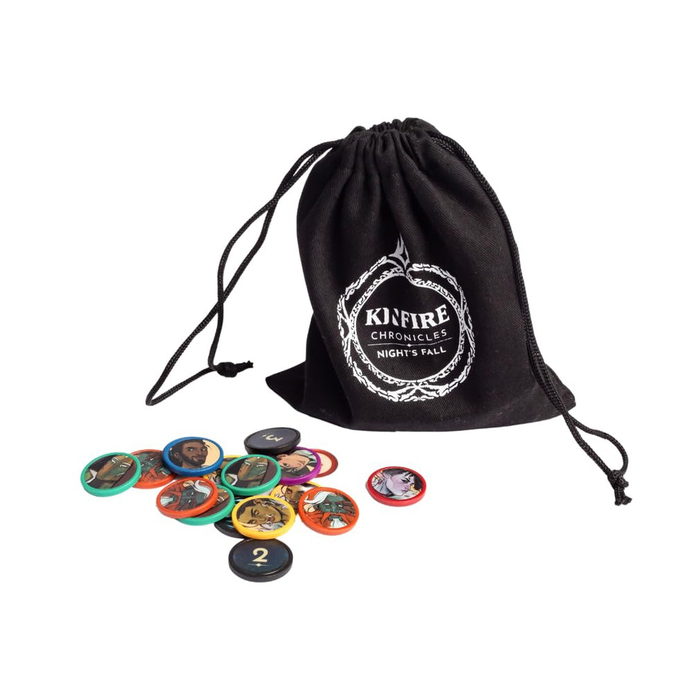 Black drawstring bag with 'Kinfire Chronicles' logo and game pieces on a white background