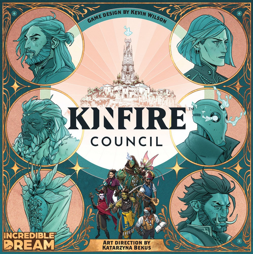 Cover of 'Kinfire Council' board game with character illustrations and game design details.