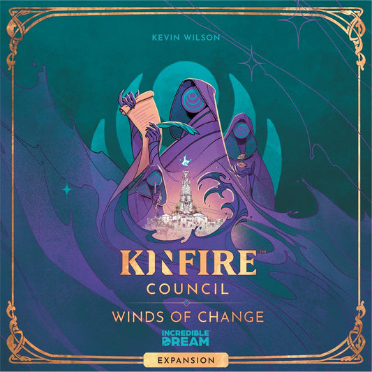 Board game cover of 'Kinfire Council: Winds of Change' by Kevin Wilson with a fantasy design.