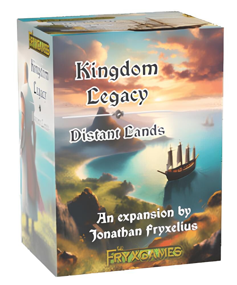 Kingdom Legacy: Distant Lands board game box by The Fryngames, featuring fantasy landscape artwork of a coastal island with a ship and dramatic sunset sky.