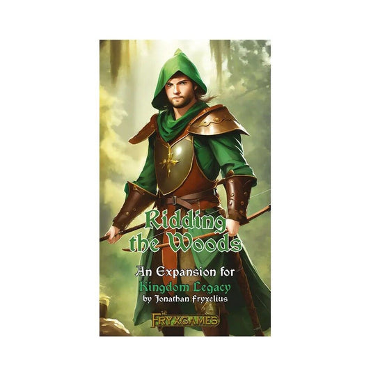 Cover of 'Ridding the Woods' expansion for 'Kingdom Legacy' solo board game with a character in green and brown armour.