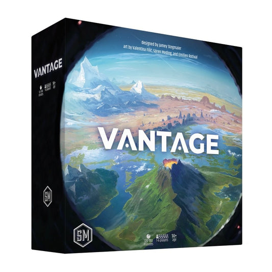 Board game box titled 'Vantage' with a scenic design on the cover.