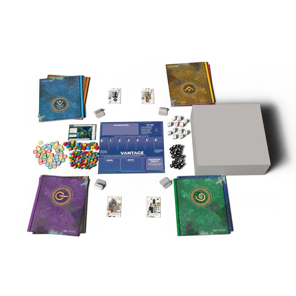 Board game components including cards, dice, and a box on a white background