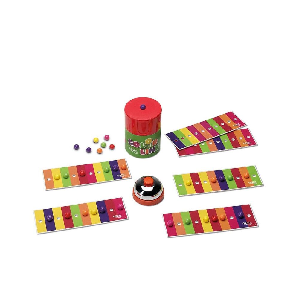 Colorful board game components for Color Line game with a cylindrical container and bell on a white background