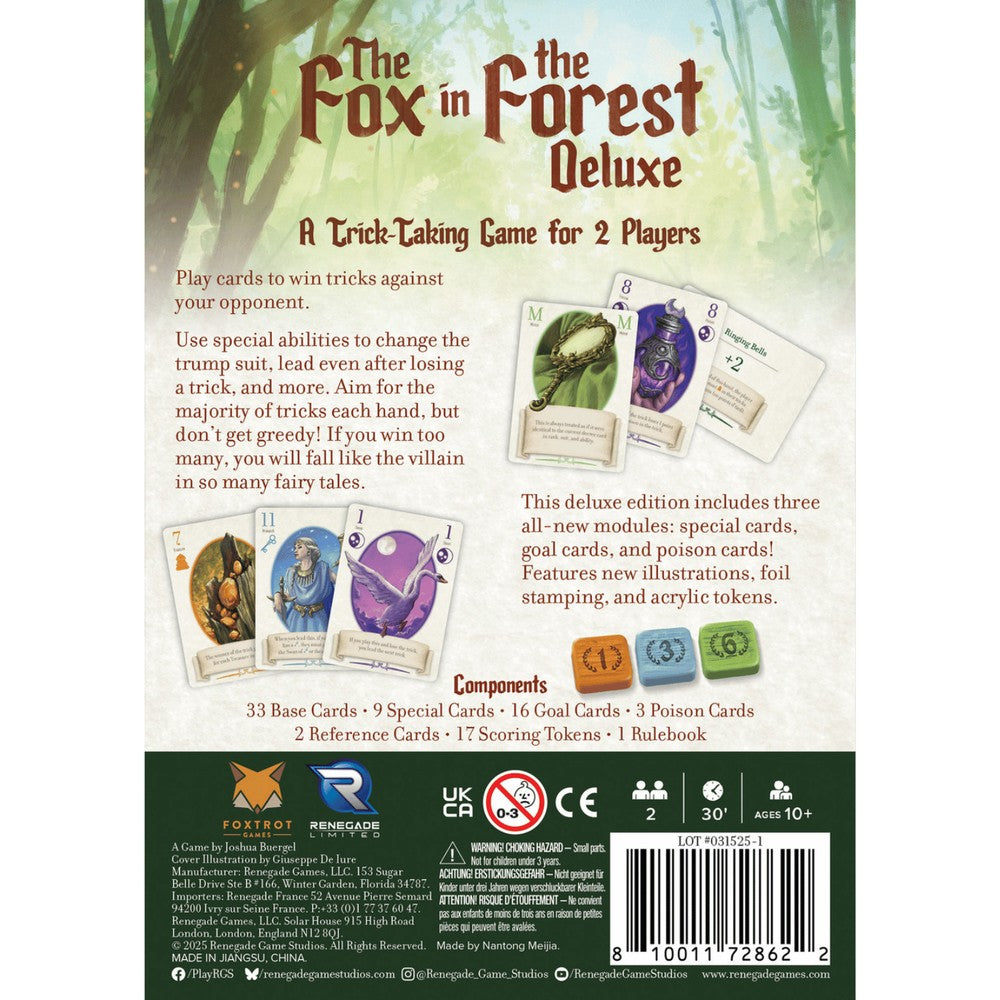Back cover of 'The Fox in Forest Deluxe' card game packaging with game description and cards.