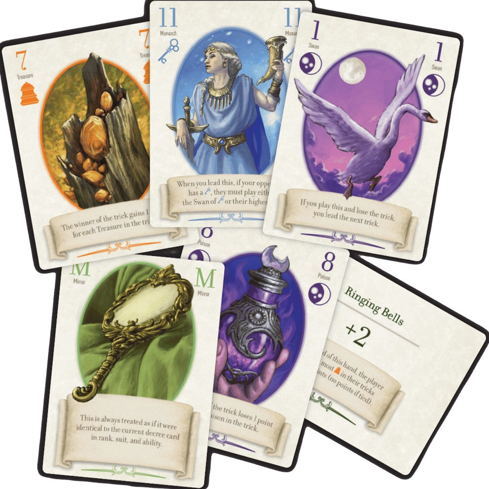 Collection of fantasy-themed playing cards from the game The Fox in The Forest with various illustrations and text.