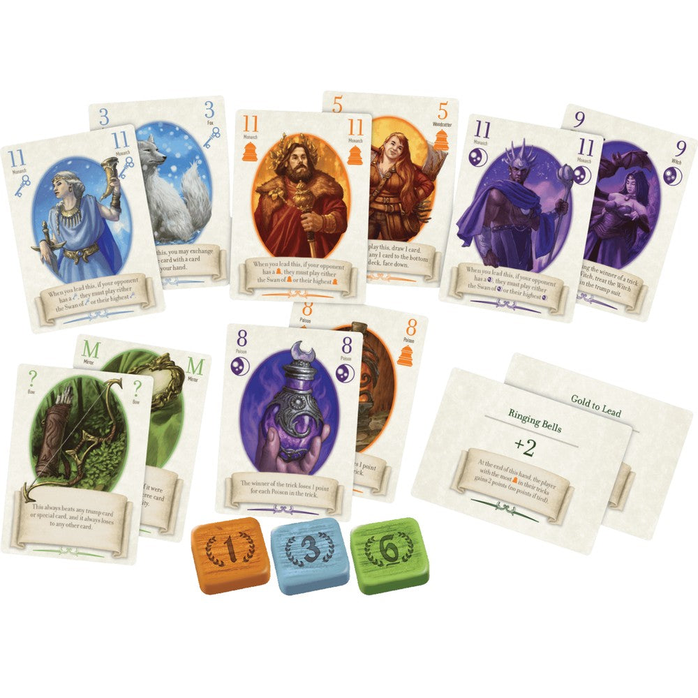 Collection of fantasy-themed cards from the card game The Fox in the Forest with characters and symbols on a white background