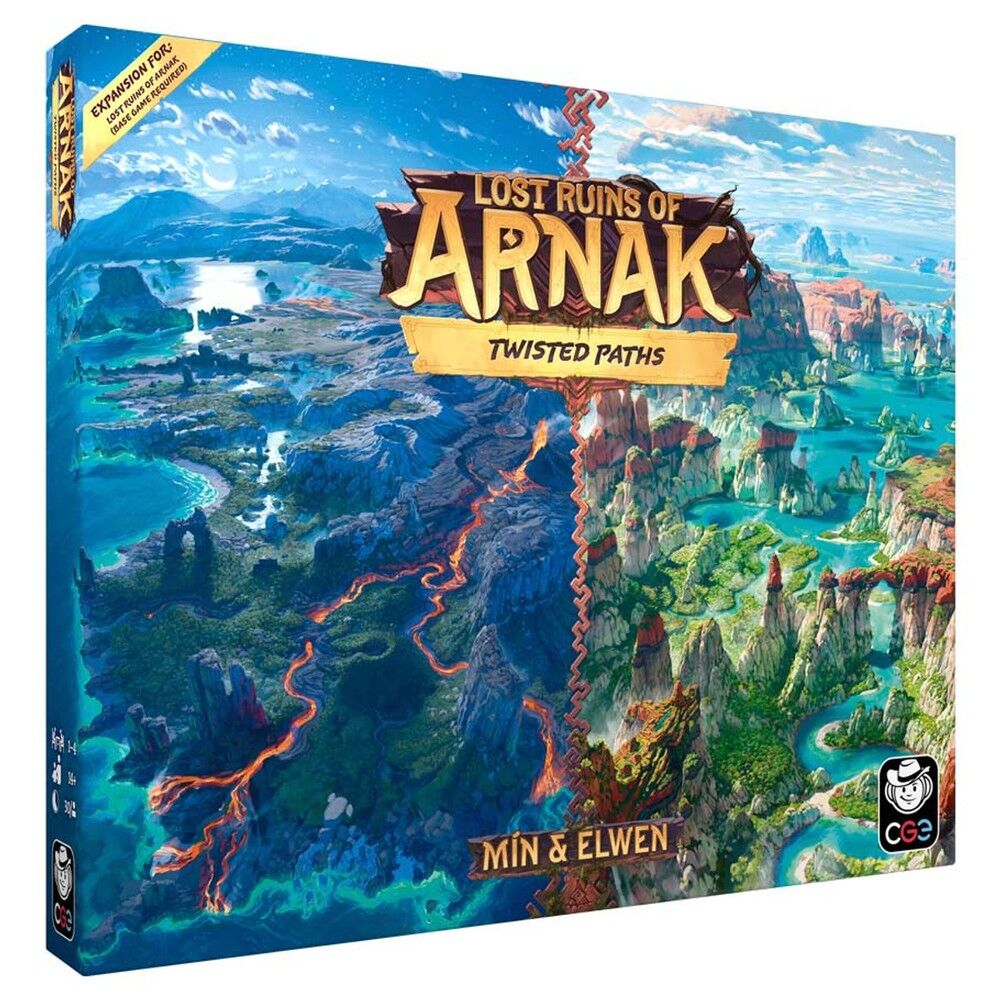 Board game box for 'Lost Ruins of Arnak: Twisted Paths' by Min & Elwen on a white background