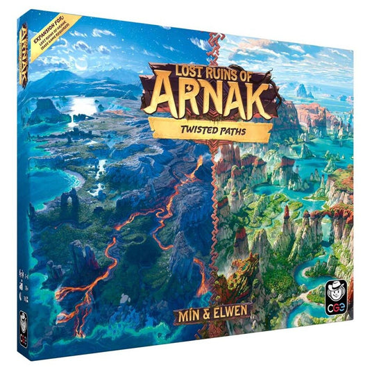 Board game box for 'Lost Ruins of Arnak: Twisted Paths' by Min & Elwen on a white background