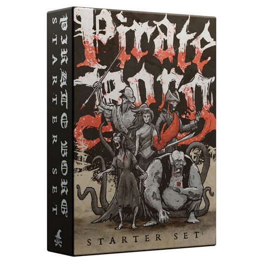 Pirate Borg RPG starter set box with illustrations and text on a white background