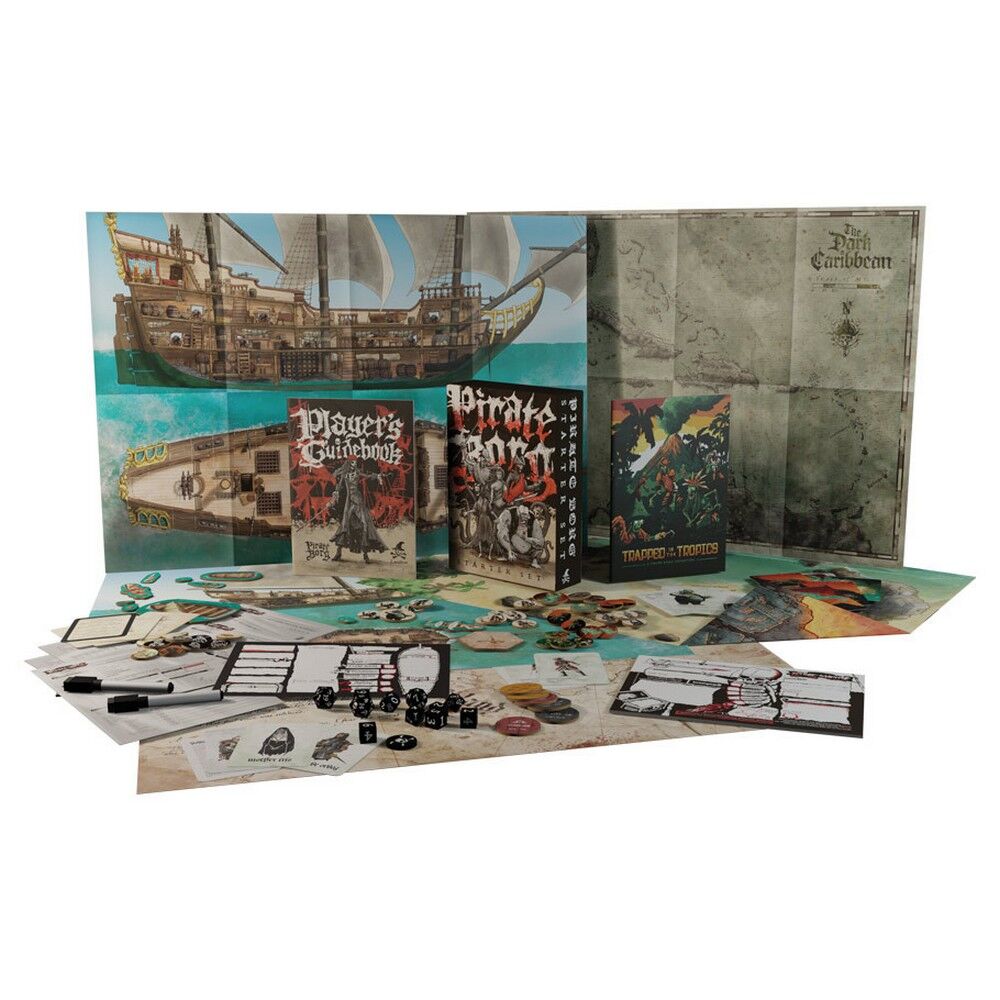 Pirate Borg RPG game set with character cards, a map, and ship models on a white background.