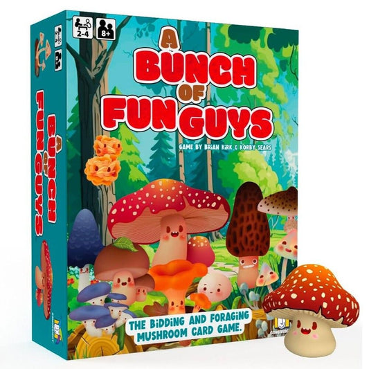 Board game box for 'A Bunch of Fun Guys' with colorful mushroom illustrations on a white background.