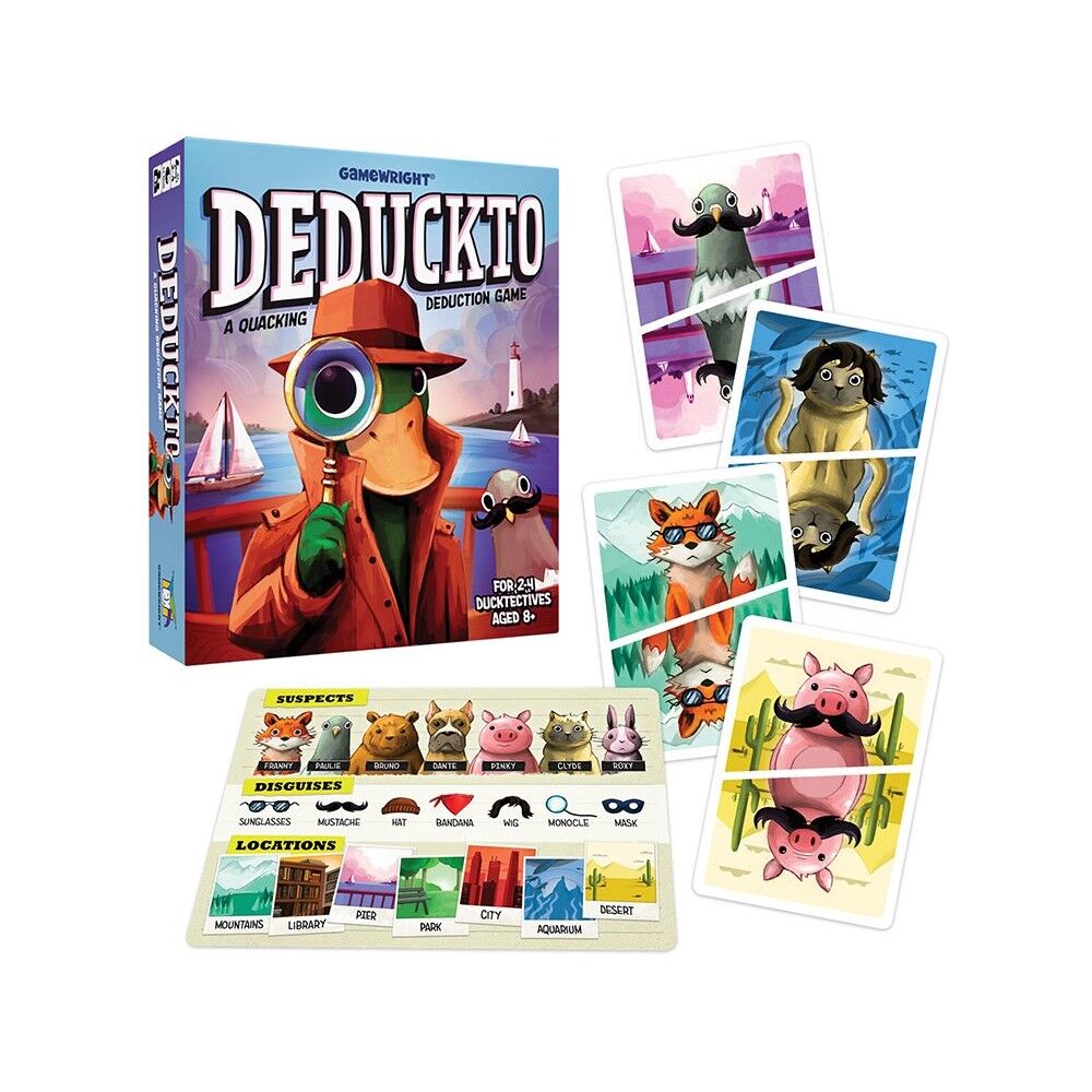 Board game packaging for 'Deduckto' with character cards displayed on a white background