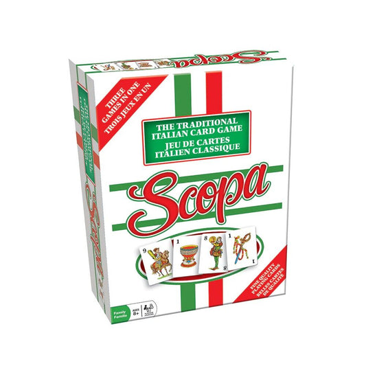 Scopa traditional Italian card game box, featuring a white background with green and red accents, Italian flag stripes, and the red Scopa logo.