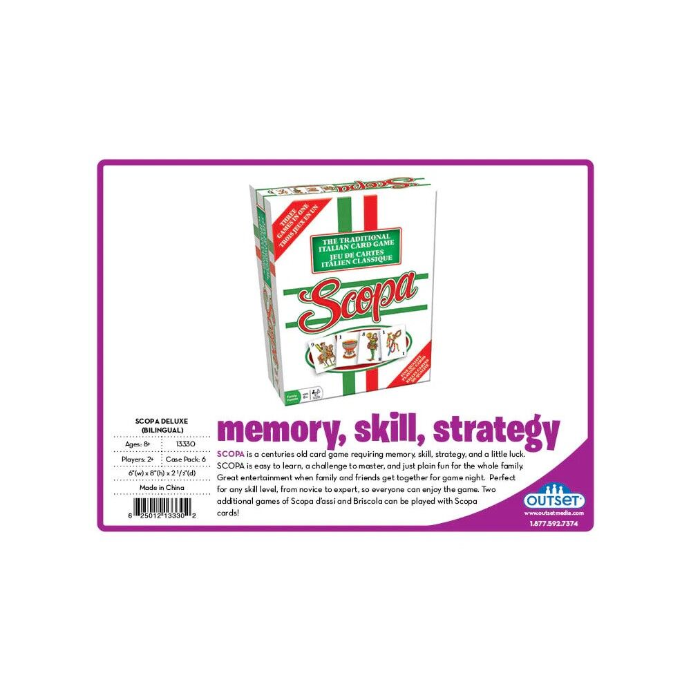 Scopa memory card game box shown on its retail packaging insert card, featuring a white box with green and red accents and the Scopa logo, surrounded by a purple border with product details and branding.
