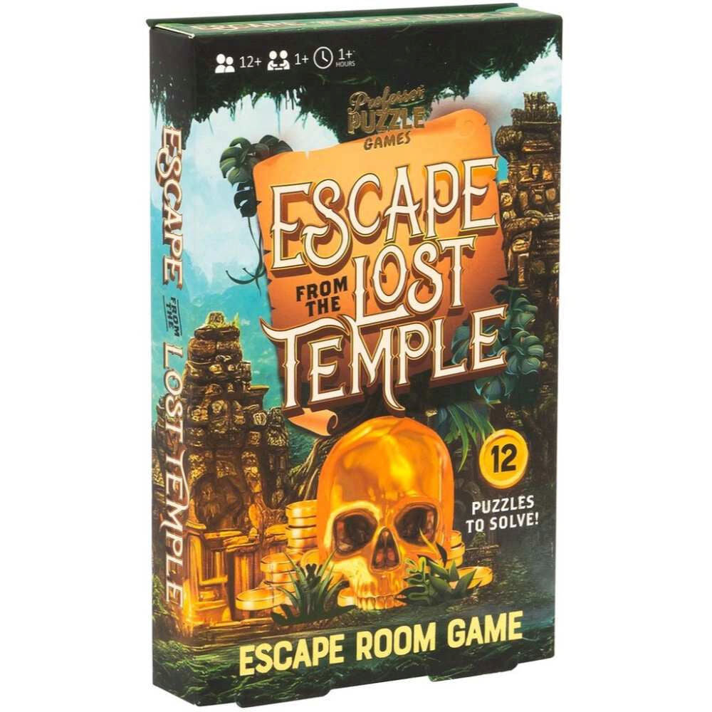Escape from the Lost Temple puzzle game box with temple and skull design.