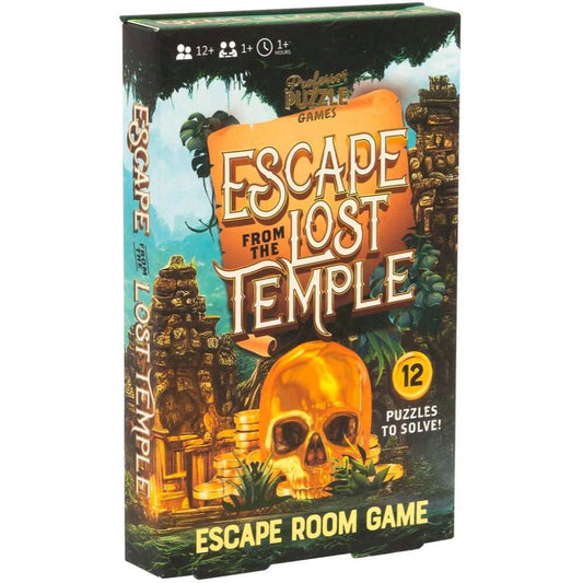 Escape from the Lost Temple puzzle game box with temple and skull design.
