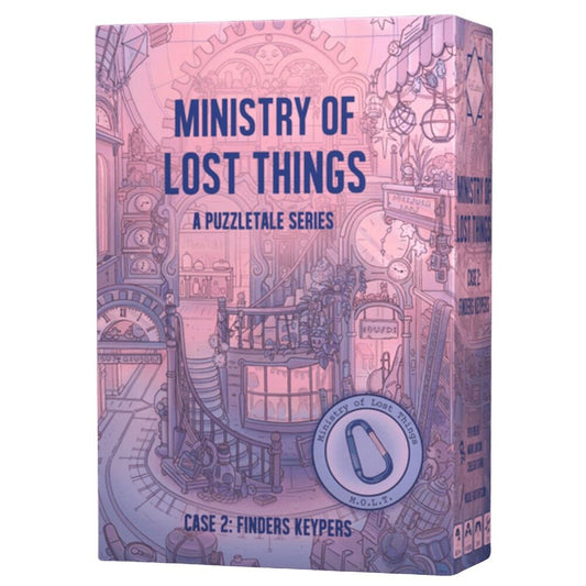 A boxed puzzle game titled "Ministry of Lost Things: A Puzzletale Series" shown on a plain white background. The box features a pink-lavender illustrated cover with blue title text and a vintage industrial/steampunk-style scene.