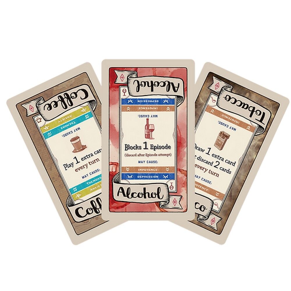 Three illustrated cards from the card game "Side Effects Legal Vice" fanned out on a white background. The cards are labelled Coffee, Alcohol, and Tobacco, with vintage-style designs and text describing game mechanics.