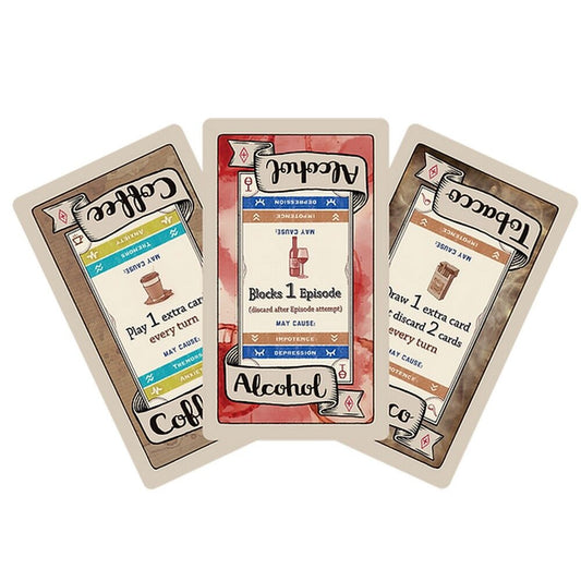 Three illustrated cards from the card game "Side Effects Legal Vice" fanned out on a white background. The cards are labelled Coffee, Alcohol, and Tobacco, with vintage-style designs and text describing game mechanics.