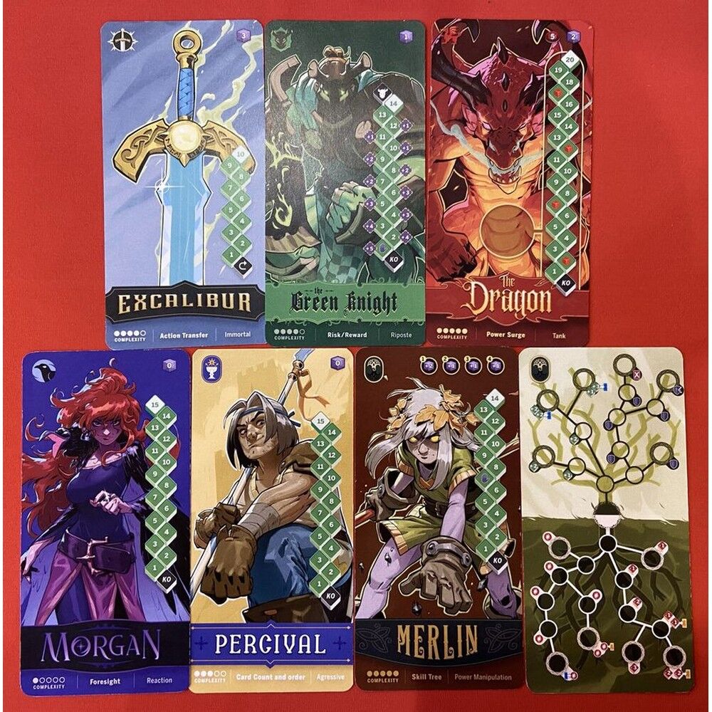 Collection of fantasy-themed cards with characters and elements on a red background