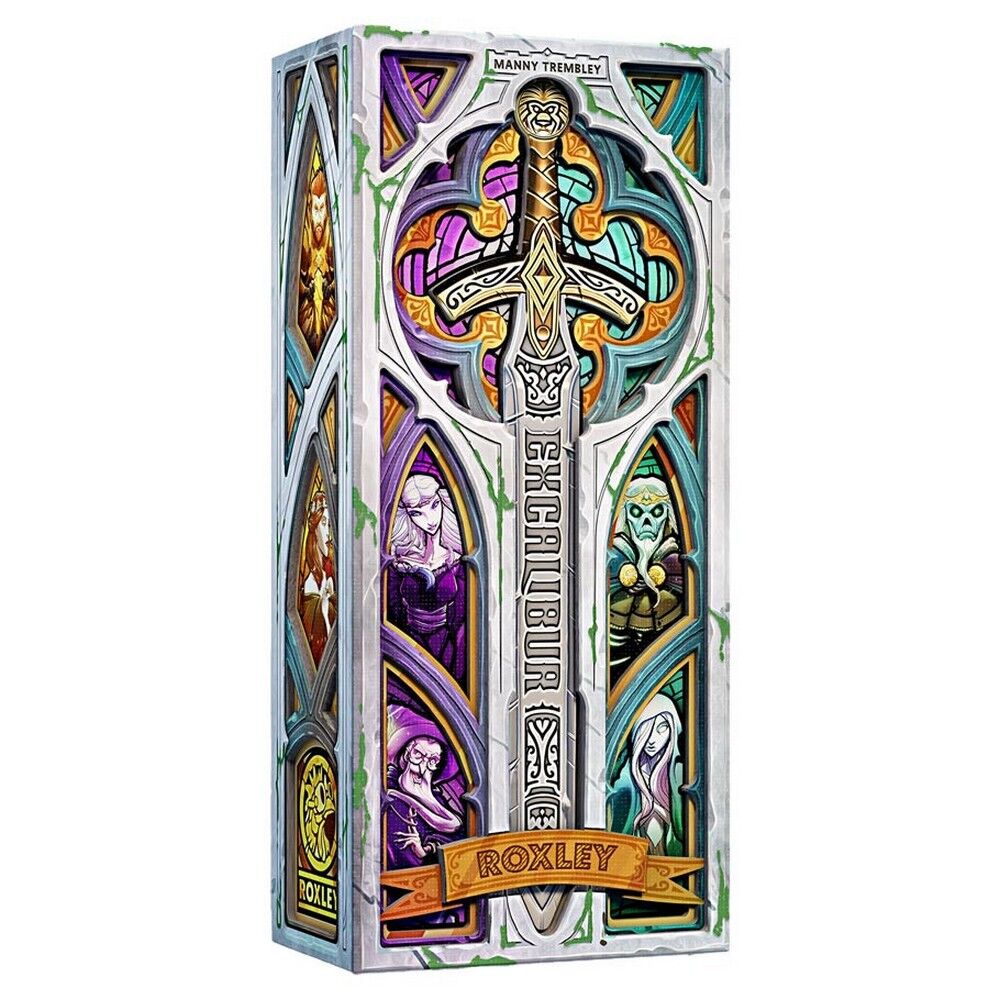 Product box featuring the front cover for the board game "Excalibur" by Roxley games