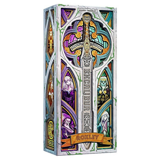 Product box featuring the front cover for the board game "Excalibur" by Roxley games