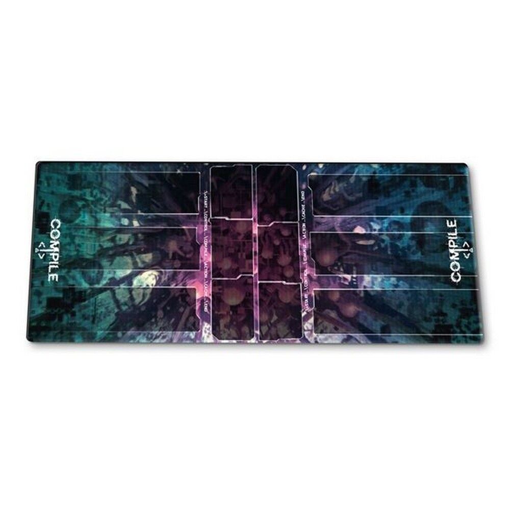 Colorful playmat with 'COMPILE' branding on a white background